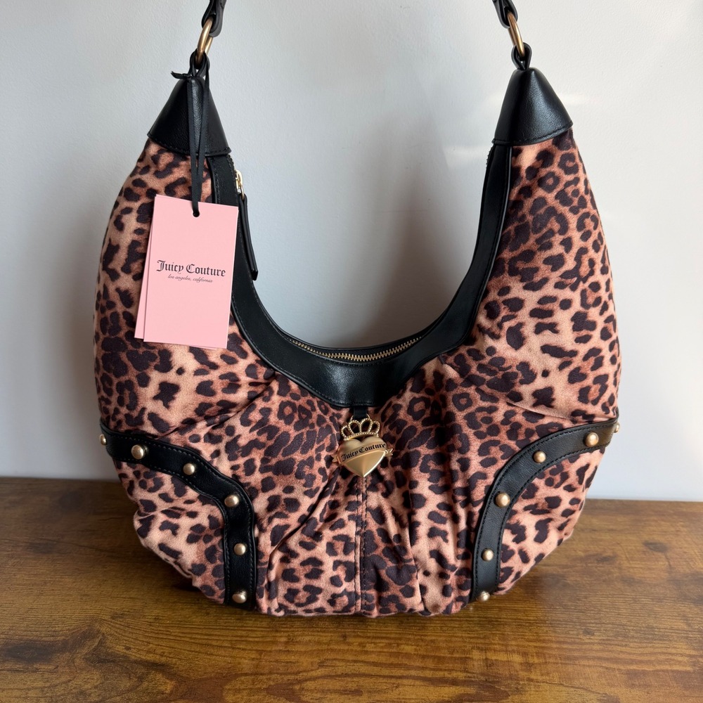 New Juicy Couture Retro Glam Leopard Hobo Shoulder Handbag Y2K Black Brown